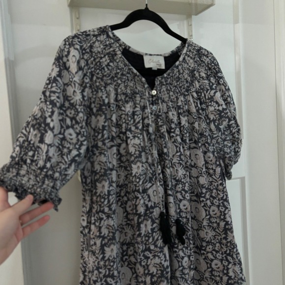 Cleobella Shiva Midi Dress Tripura Block Print Gray White V Pockets Boho Large - Picture 2 of 10